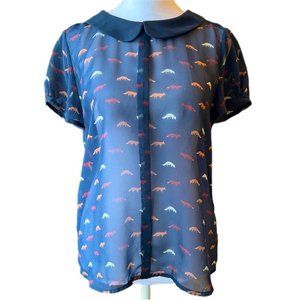 Vivienne Tam Blouse Fox Novelty Print Collared Short Sleeve Sheer